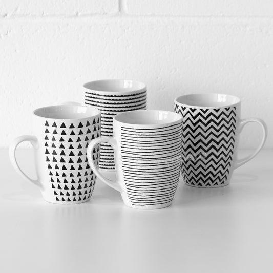 Set of 4 White & Black Pattern Coffee Mugs