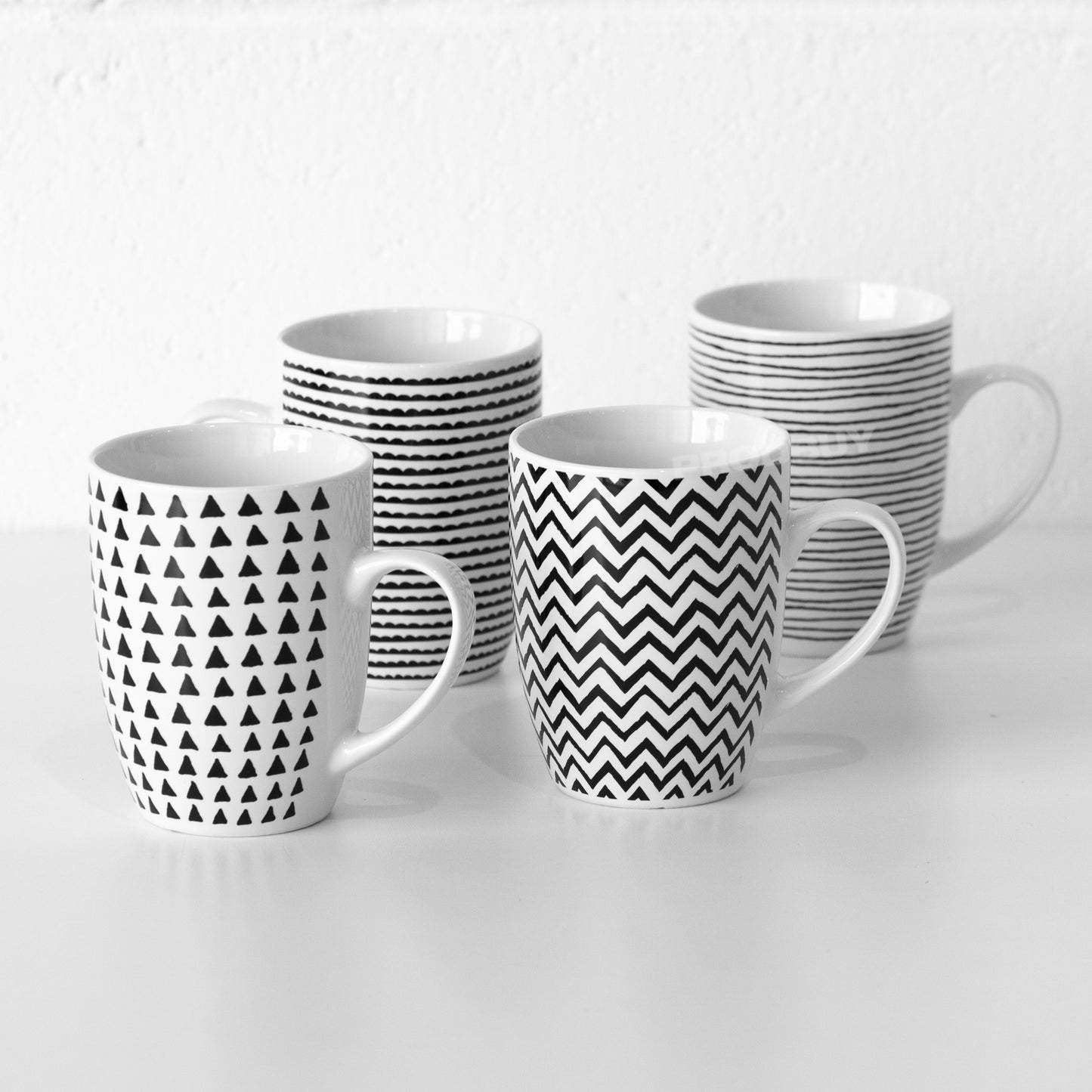 Set of 4 White & Black Pattern Coffee Mugs