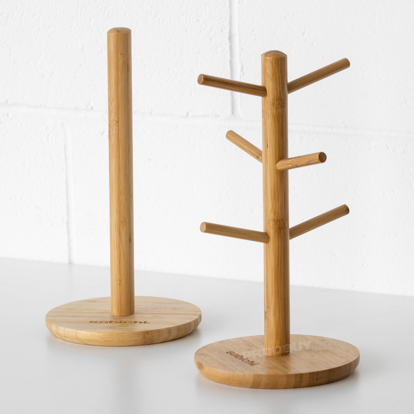 Bamboo Kitchen Roll Holder and 6 Cup Mug Tree Set