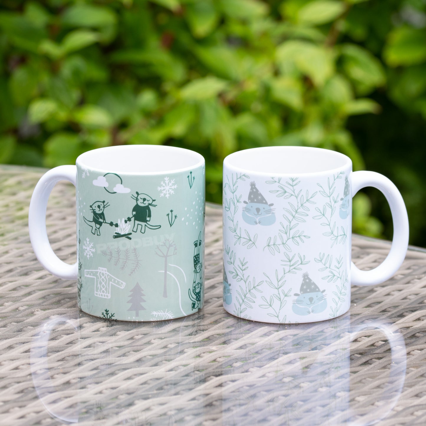 Set of 2 Green & White Otter Mugs