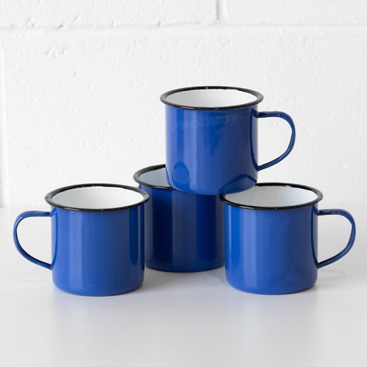 Set of 4 Blue Enamel Mugs 360ml Retro Camping Cups