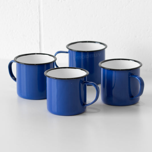 Set of 4 Blue Enamel Mugs 360ml Retro Camping Cups