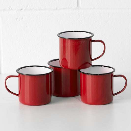 Set of 4 Red Enamel Mugs 360ml Retro Camping Cups