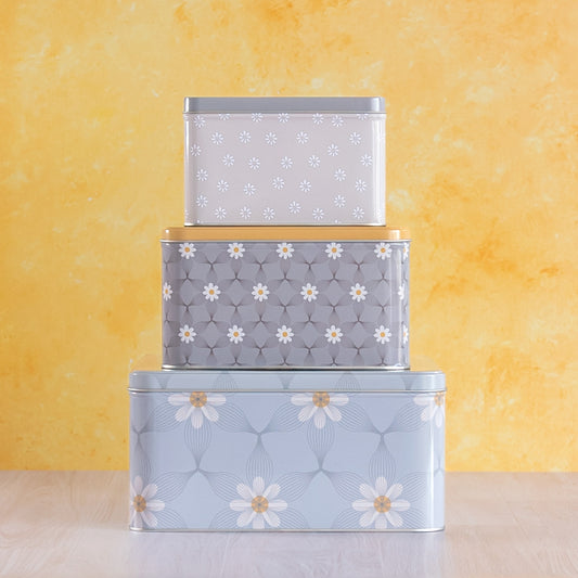 Set of 3 Grey Floral Cake Storage Tins