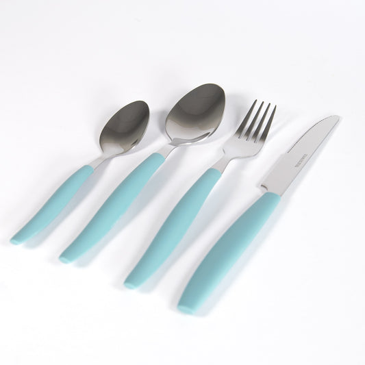 24 Piece 6 Person Stainless Steel Cutlery Set with Teal Plastic Handles