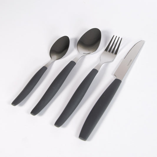 24 Piece 6 Person Stainless Steel Cutlery Set with Black Plastic Handles