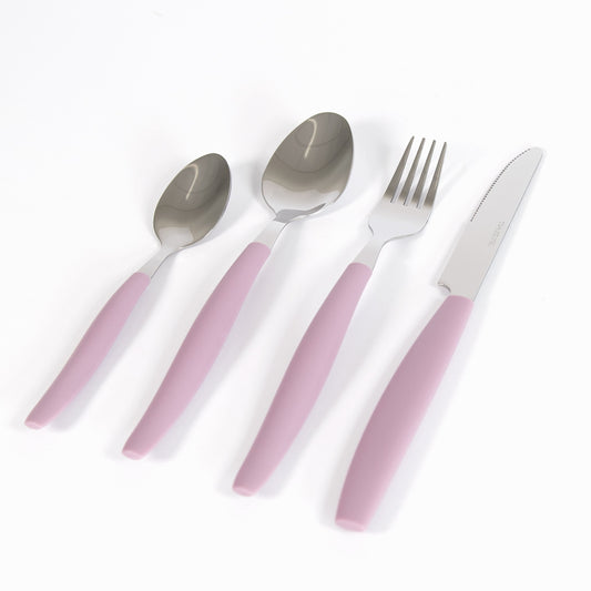 24 Piece 6 Person Stainless Steel Cutlery Set with Mauve Plastic Handles