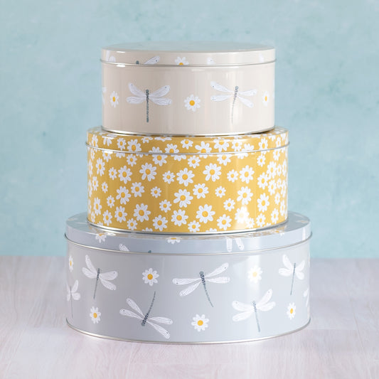 Set of 3 Floral Dragonflies Meadow Cake Storage Tins