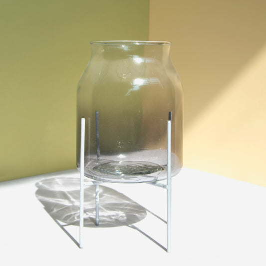 Smokey Grey Glass Vase on Metal Stand