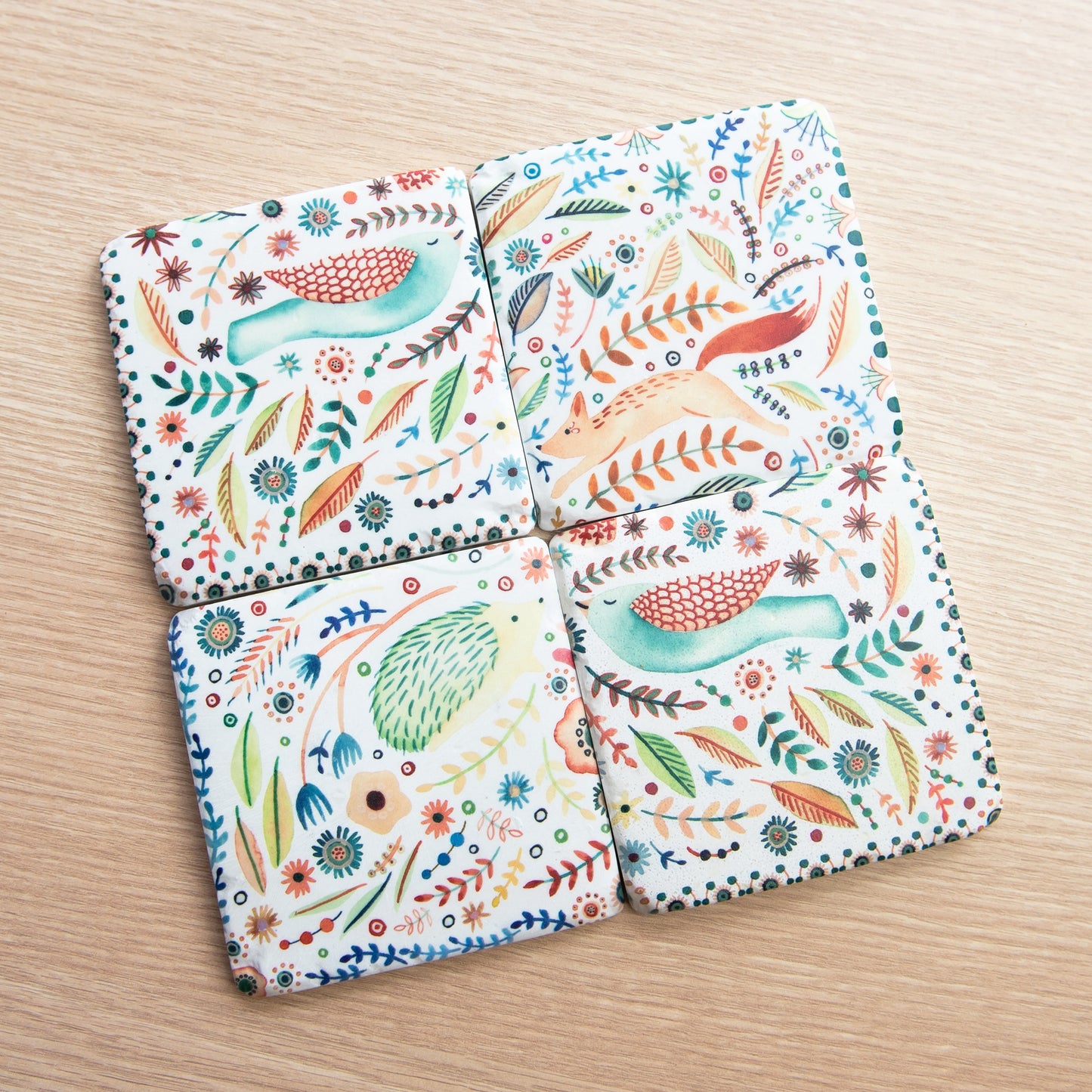 Pack of 4 Floral Woodland Animal Ceramic Coasters