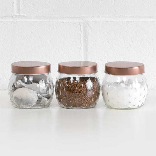 Set of 3 Glass 1 Litre Storage Jars Copper Lids