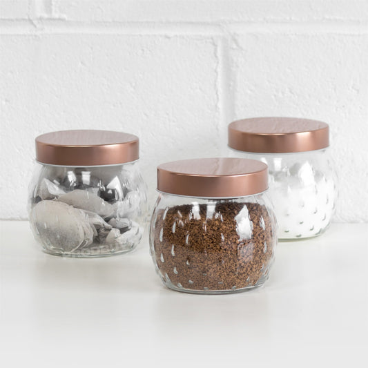 Set of 3 Glass 1 Litre Storage Jars Copper Lids