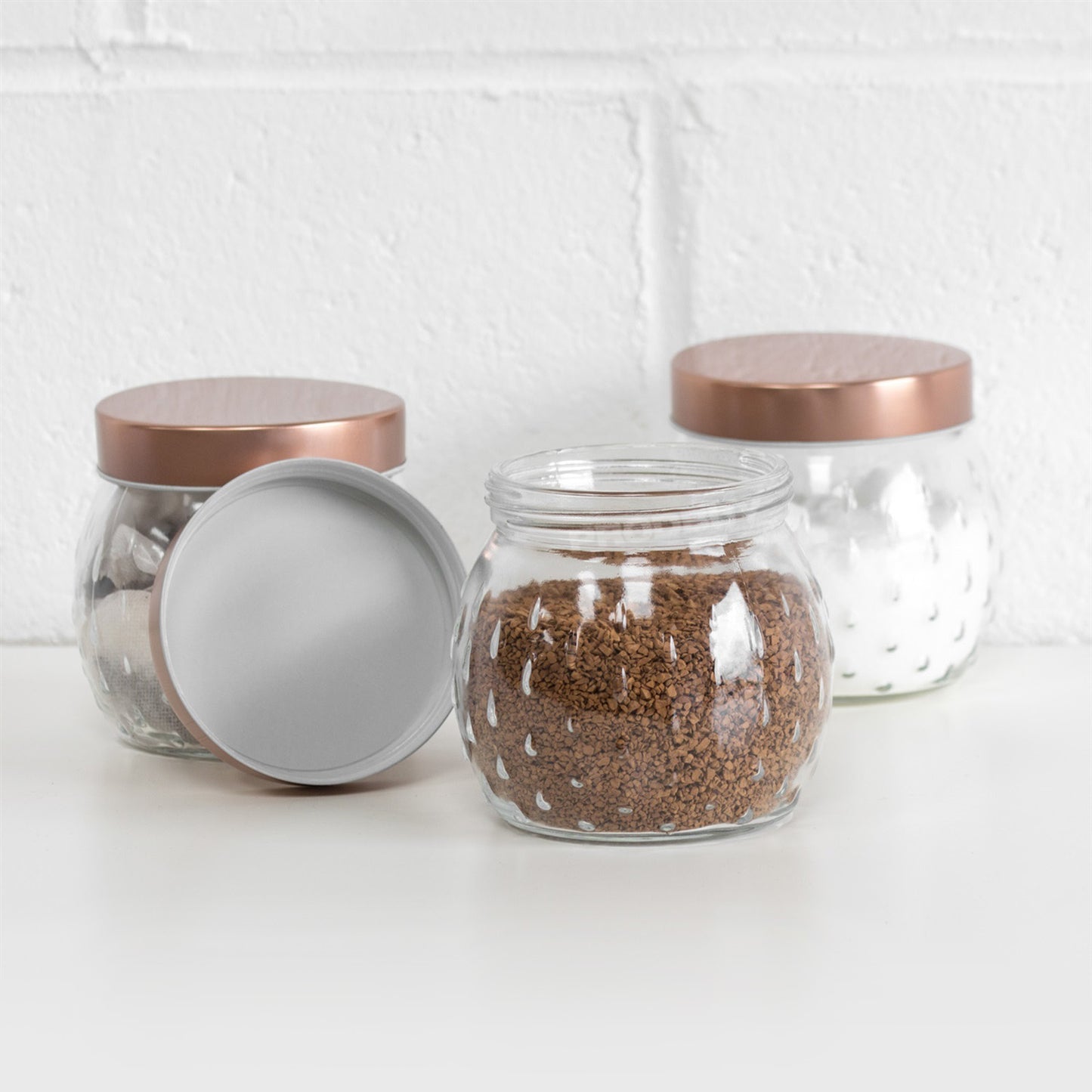 Set of 3 Embossed Glass Storage Jars with Copper Lids