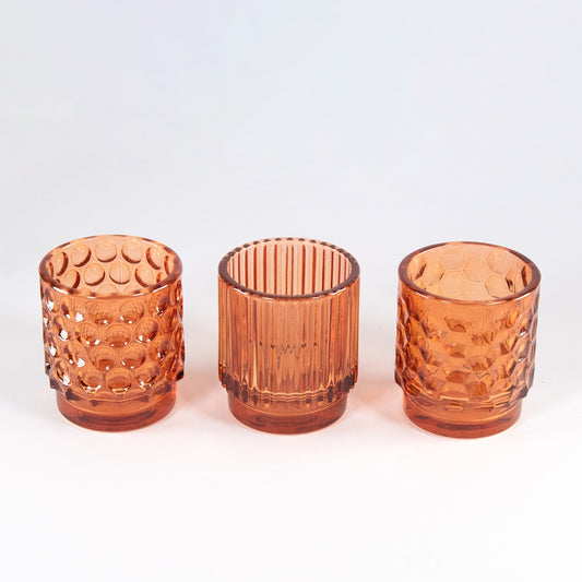 3 x Small Amber Glass Tealight Candle Holders Bohemian Home Decor Accessories