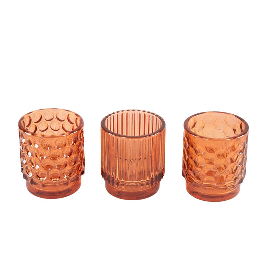 3 x Small Amber Glass Tealight Candle Holders Bohemian Home Decor Accessories