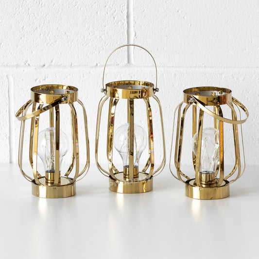 Set of 3 LED Battery Gold Table Lamps with Handles