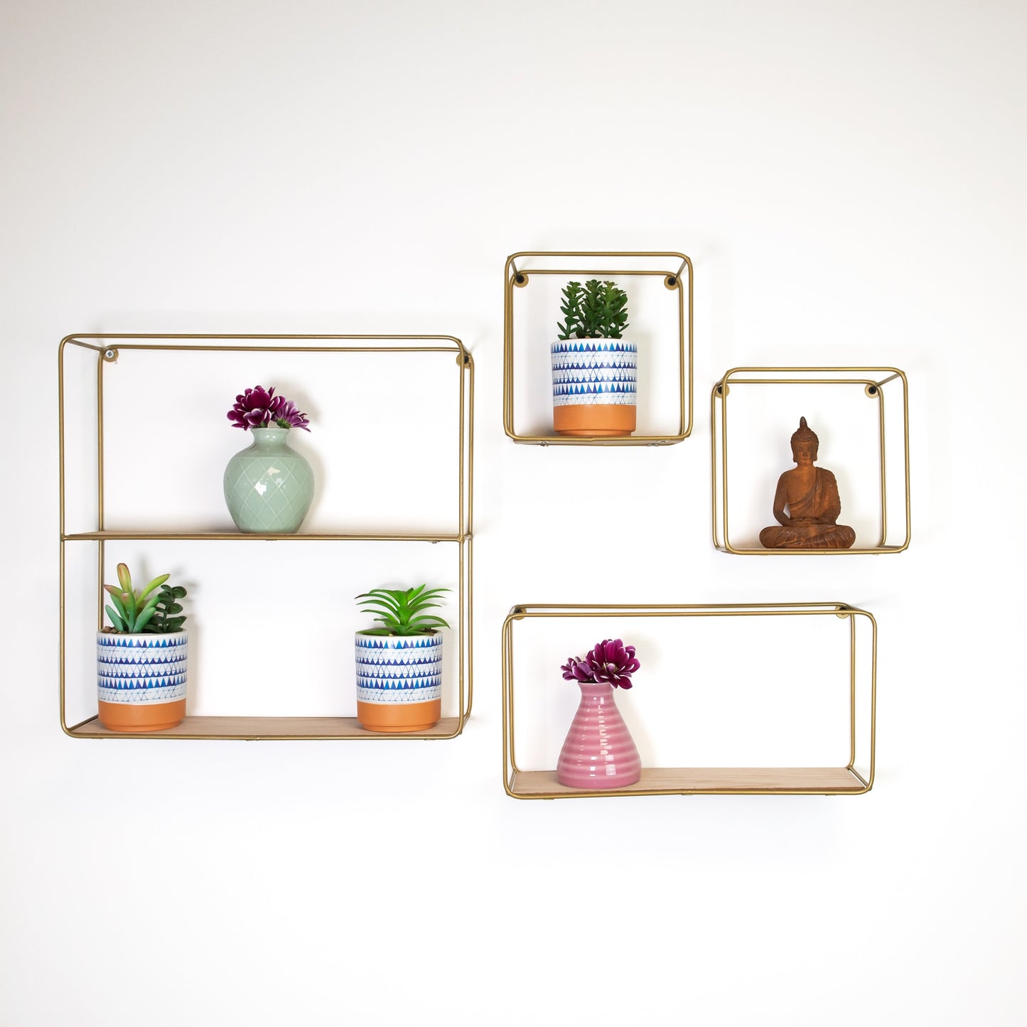 Set of 4 Gold Metal Frame Floating Wall Cubes Shelves