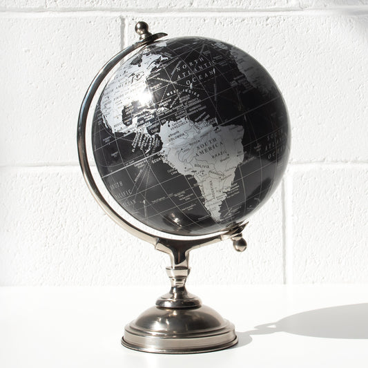 33cm Tall Black and Silver World Globe Home Decoration