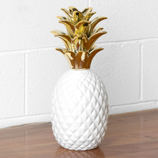 Large White & Gold Ceramic 43.5cm Pineapple Ornament