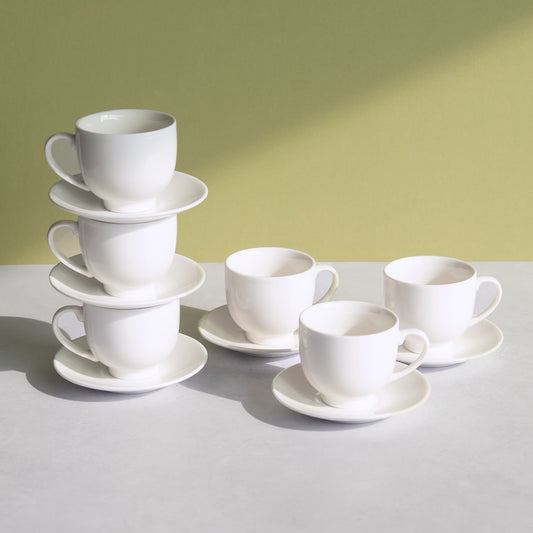 Set of 6 Glazed White Espresso Cups & Saucers