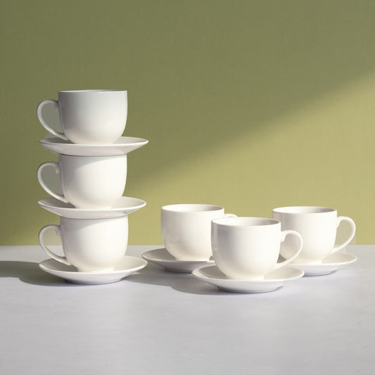 Set of 6 Glazed White Espresso Cups & Saucers