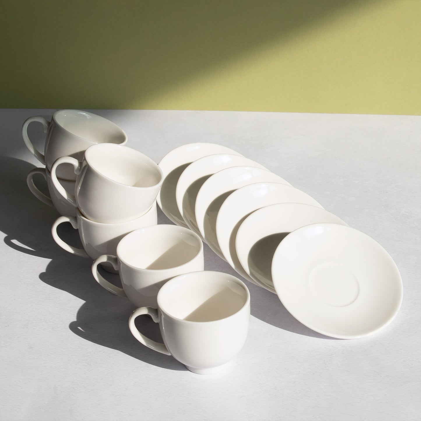 Set of 6 Glazed White Espresso Cups & Saucers