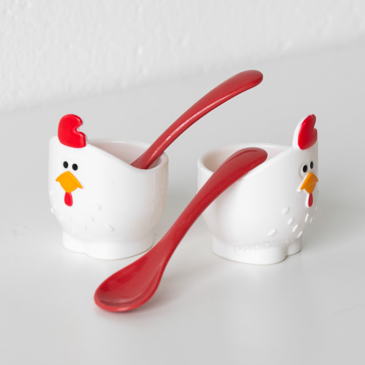 Set of 2 White Hen Egg Cups with Spoons