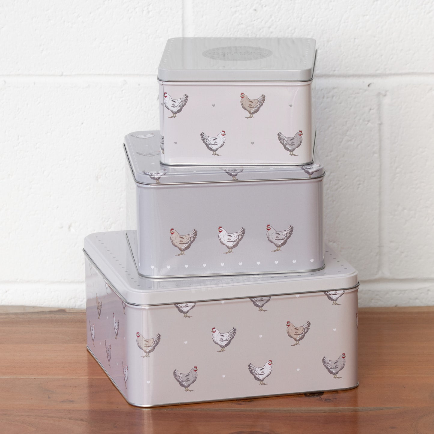 Set of 3 Hens & Hearts Cake Storage Tins