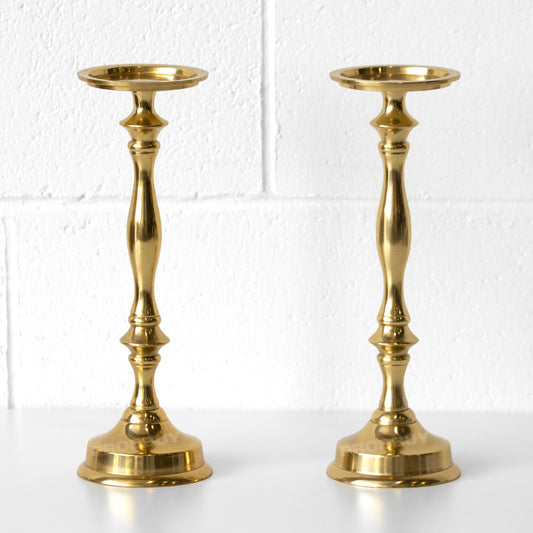 Set of 2 Gold Metal 31cm Tall Pillar Candle Holders