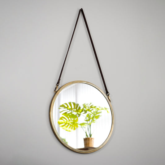 Large 42cm Distressed Gold Frame Mirror with Faux Leather Hanging Strap
