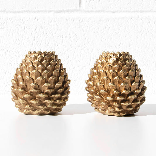 Set of 2 Gold Resin 10cm Pinecone Shaped Candlesticks