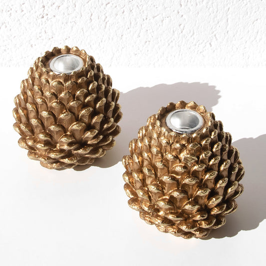 Set of 2 Gold Resin 10cm Pinecone Shaped Candlesticks