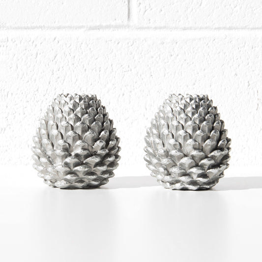 Set of 2 Silver Resin 10cm Pinecone Shaped Candlesticks