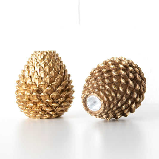 Set of 2 Gold Resin Pinecone Shaped Candlesticks