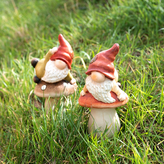 Set of 2 Gnome Gonks on Mushrooms Garden Ornaments