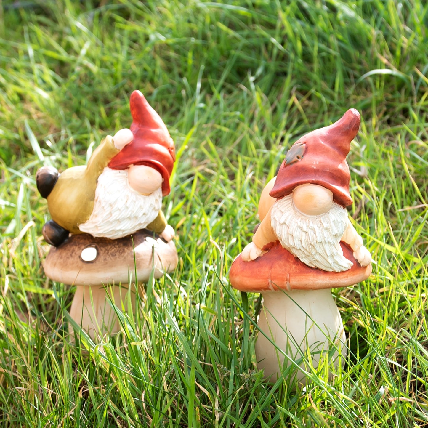 Set of 2 Gnome Gonks on Mushrooms Garden Ornaments