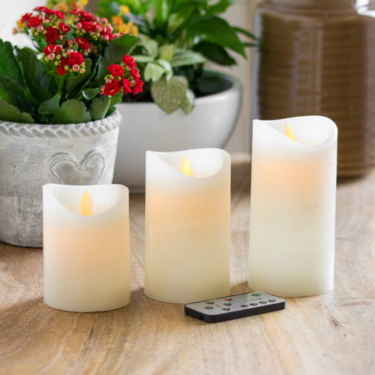 Set of 3 LED Ivory Battery Flicker Flame Pillar Candles