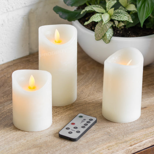 Set of 3 LED Ivory Battery Flicker Flame Pillar Candles