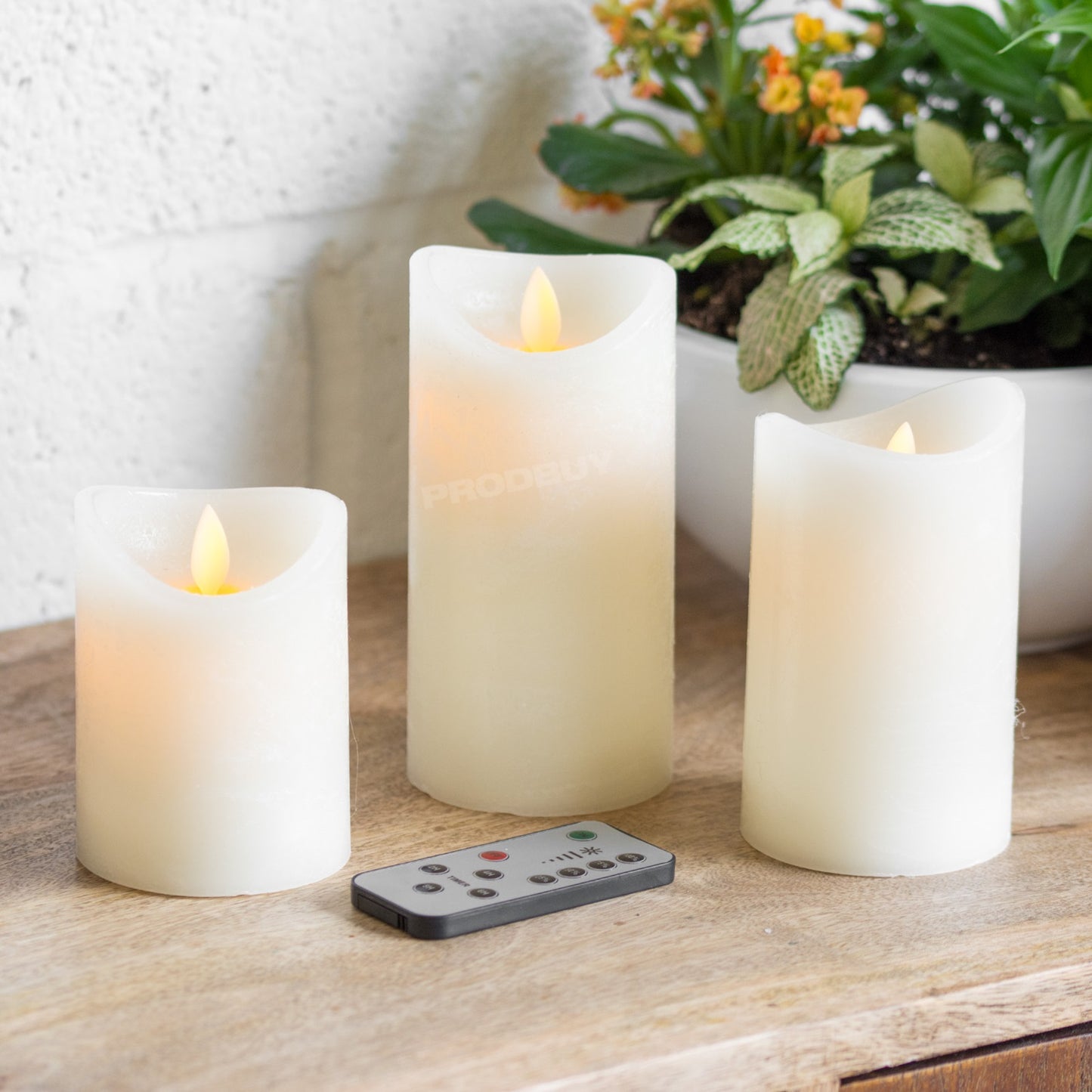 Set of 3 LED Ivory Battery Flicker Flame Pillar Candles