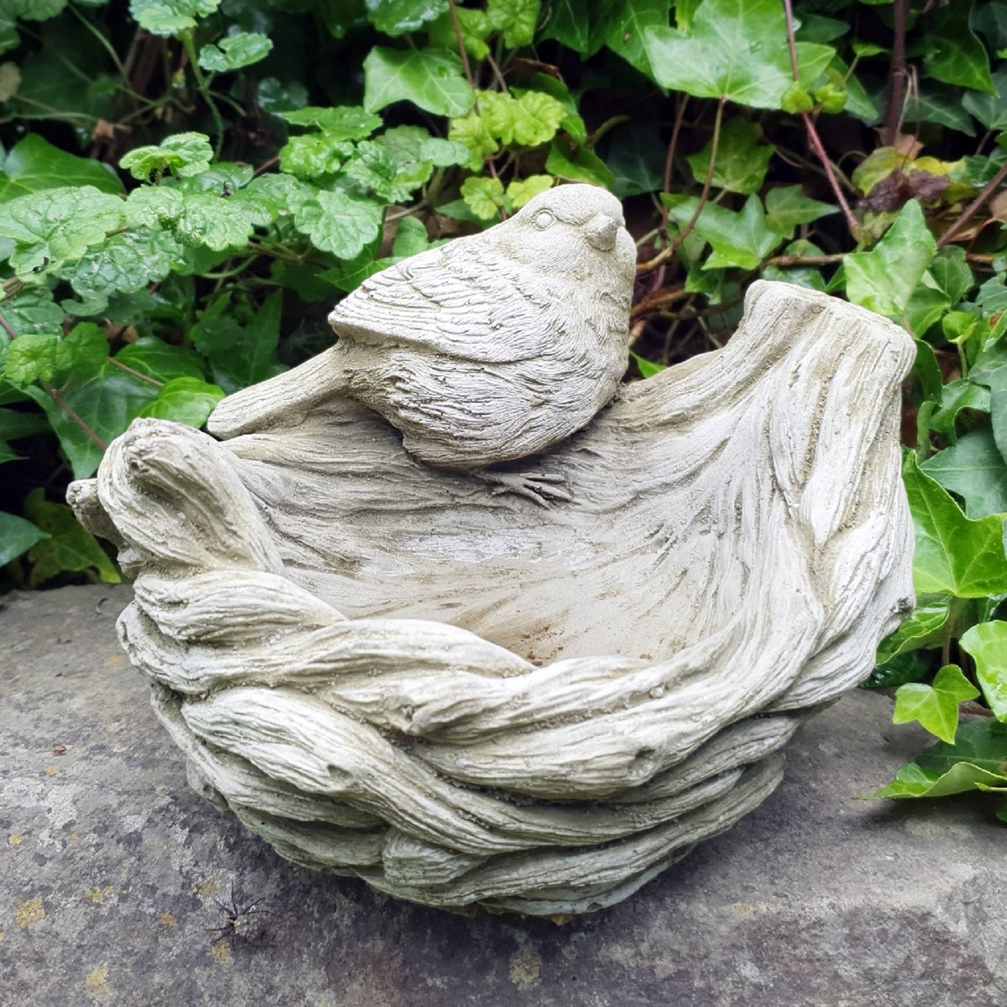 Bird on Nest Garden Feeder Dish Heavy Concrete Stoneware Ornament