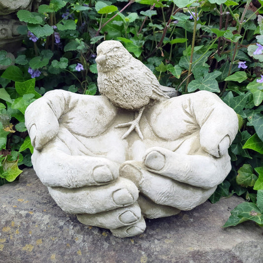 Bird on Hands Garden Feeder Dish Heavy Concrete Stoneware Ornament