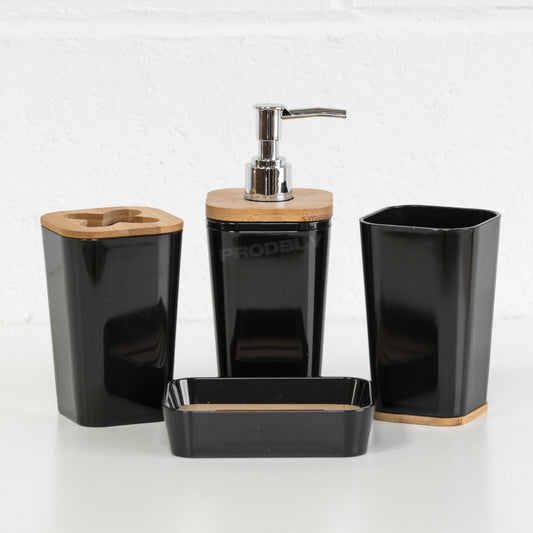 4 Piece Bathroom Accessories Set - Black Plastic with Bamboo Trim