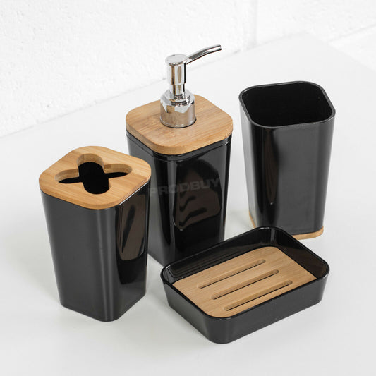 4 Piece Bathroom Accessories Set - Black Plastic with Bamboo Trim