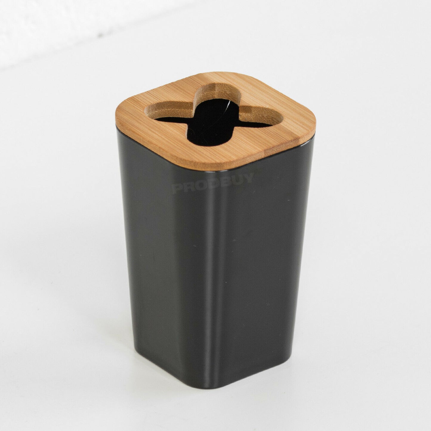 4 Piece Bathroom Accessories Set - Black Plastic with Bamboo Trim