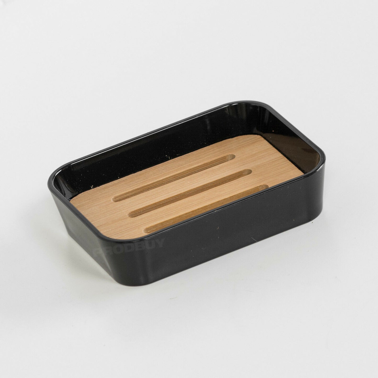 4 Piece Bathroom Accessories Set - Black Plastic with Bamboo Trim