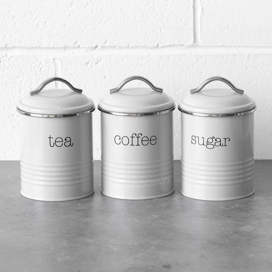 Set of 3 Retro Grey Tea Coffee Sugar Storage Tins