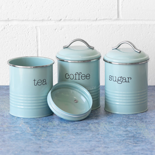 Set of 3 Pastel Blue Tea Coffee Sugar Storage Tins