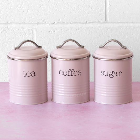 Set of 3 Pastel Pink Tea Coffee Sugar Storage Tins