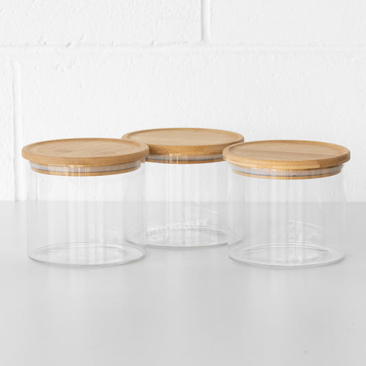 Set of 3 Glass 950ml Storage Jars with Wooden Lids
