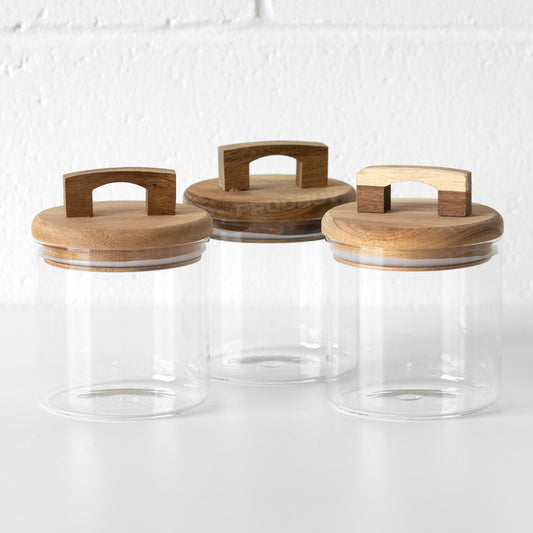 Set of 3 Glass Storage Jars with Wooden Handled Lids